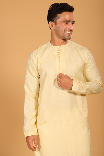 Light Yellow Round Neck Jacquard Kurta