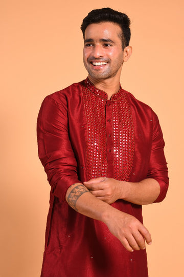 Maroon Viscose Silk Real Mirror Work Kurta