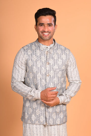 Grey Cotton Kurta Jacket Set
