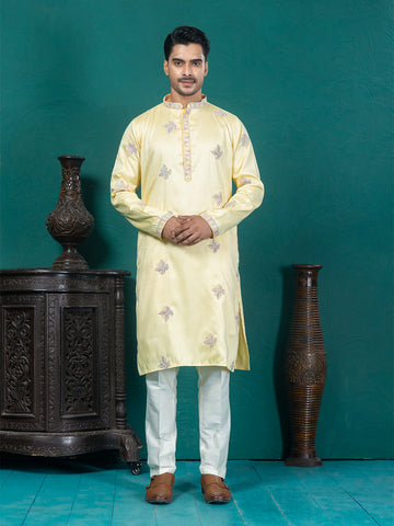 Pastel Yellow Butterfly Motif Embroidered Kurta