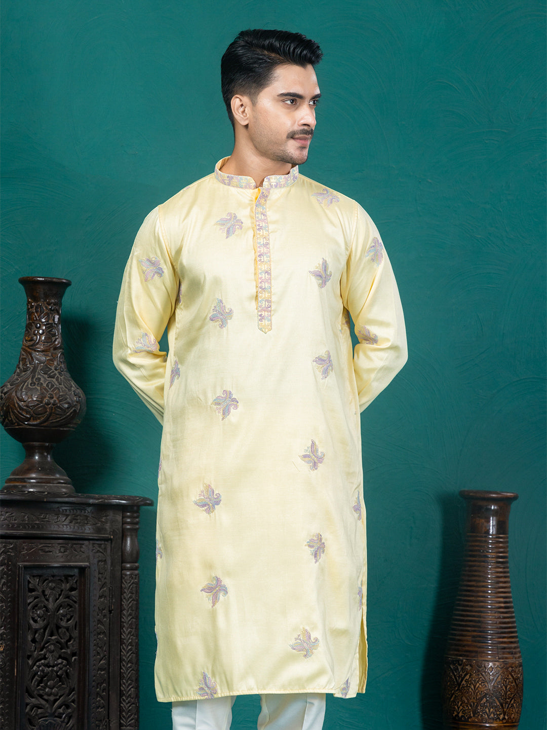 Pastel Yellow Butterfly Motif Embroidered Kurta