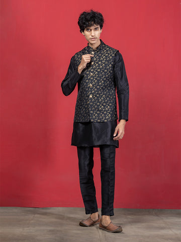 Black Jacquard Nehru Jacket with contrasting Kurta & Pyjama