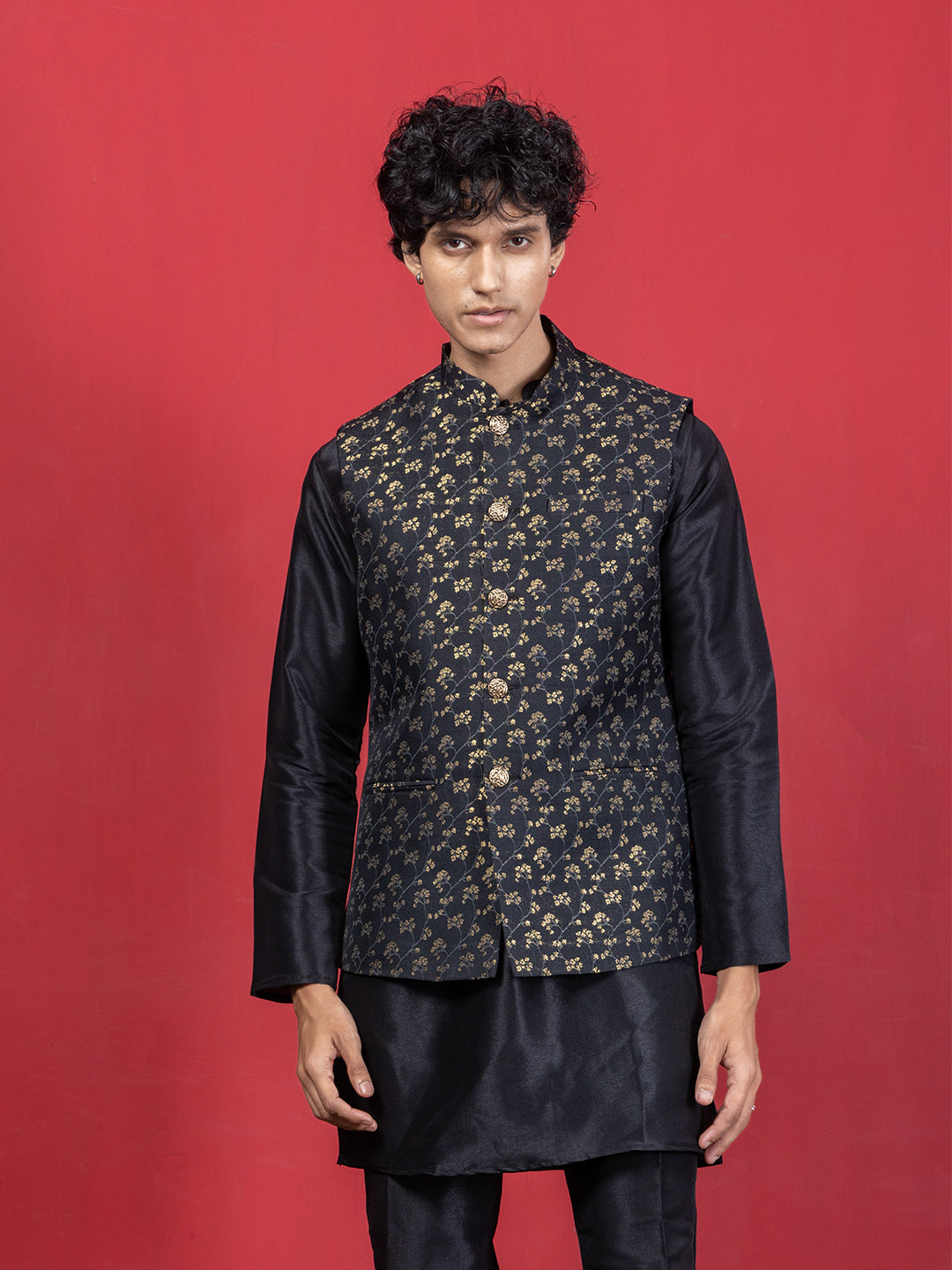 Black Jacquard Nehru Jacket with contrasting Kurta & Pyjama