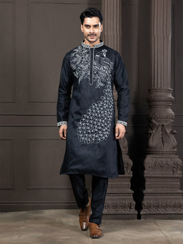 Black Peacock Embroidery Kurta Set