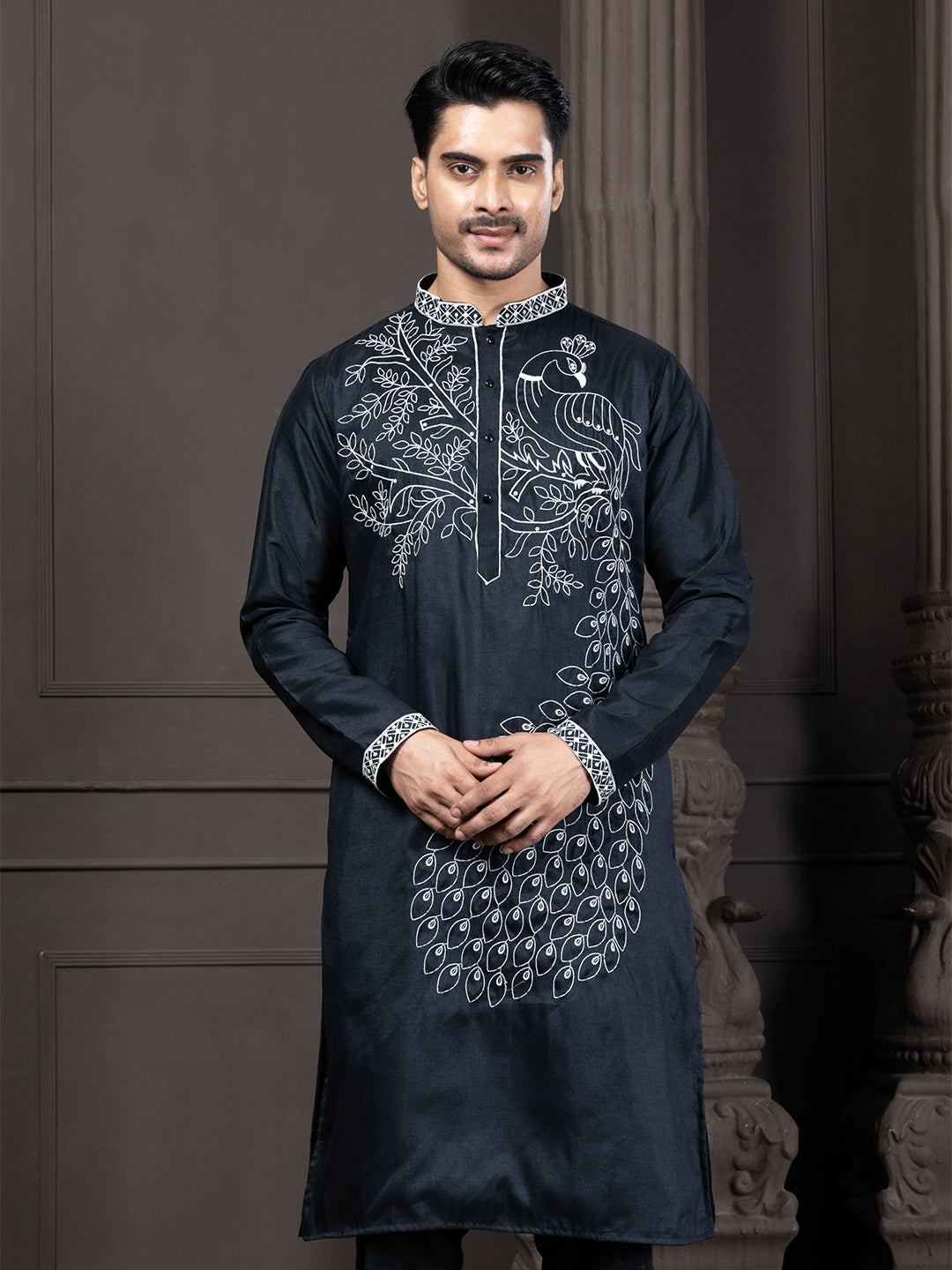 Black Peacock Embroidery Kurta Set