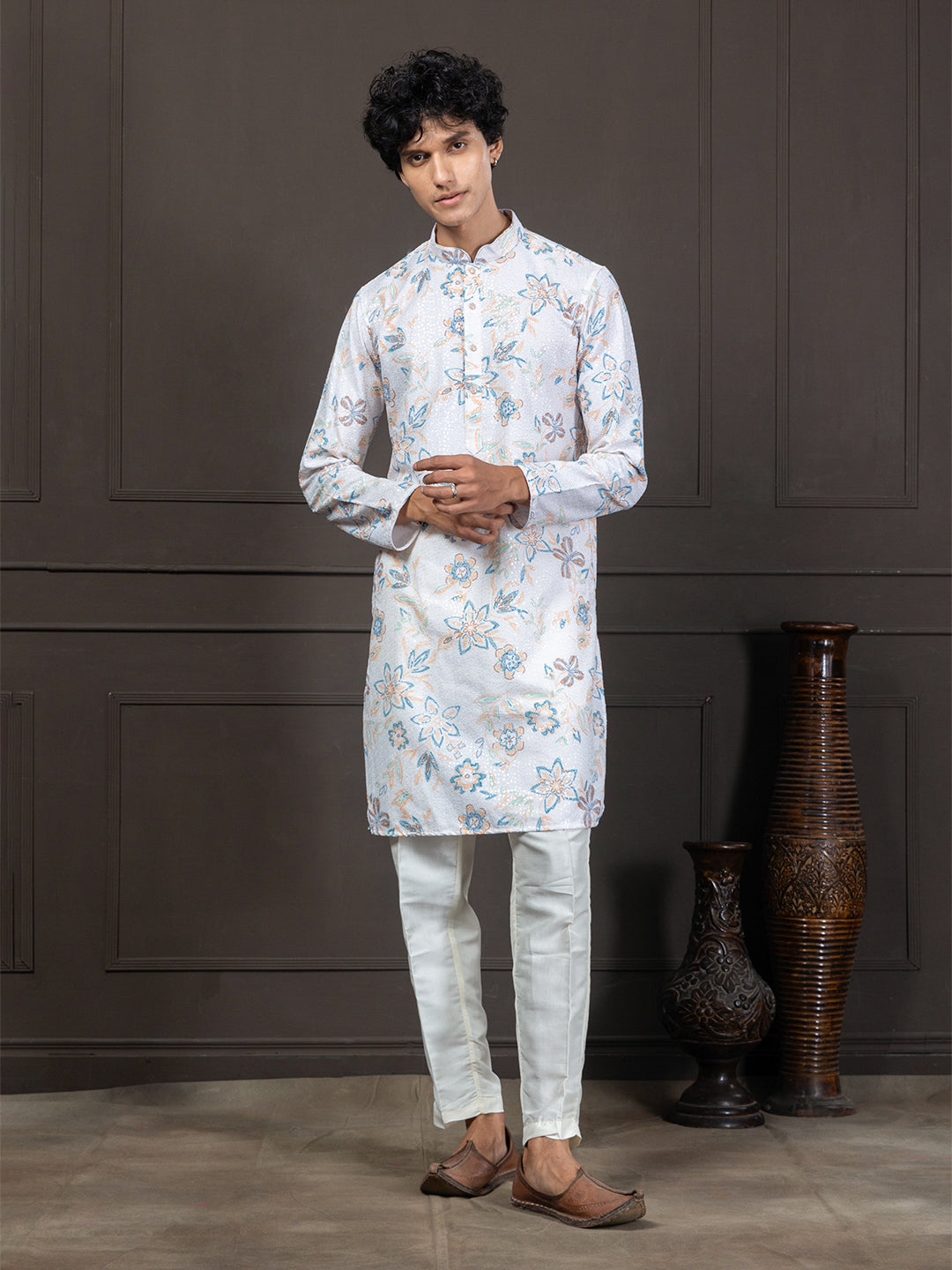 Blue Floral Print Sequin Embroidery Kurta
