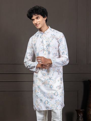 Blue Floral Print Sequin Embroidery Kurta