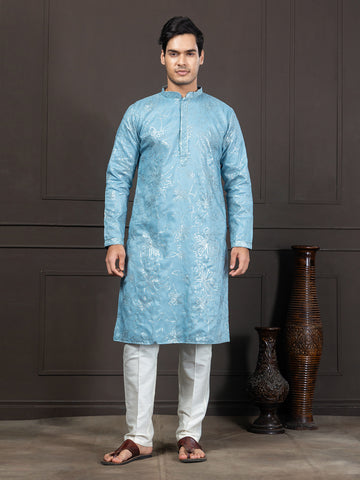 Blue Geometric Embroidered Art Silk Kurta