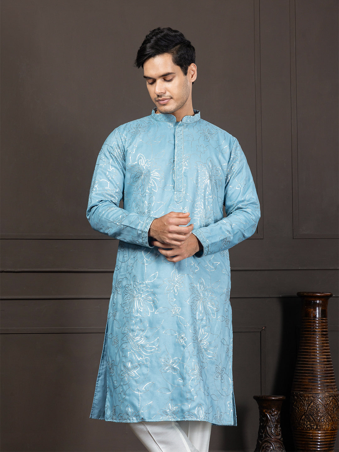 Blue Geometric Embroidered Art Silk Kurta