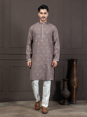 Brown Cotton Buti Embroidered Kurta