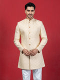 Beige Jacquard Woven Achkan Sherwani Set