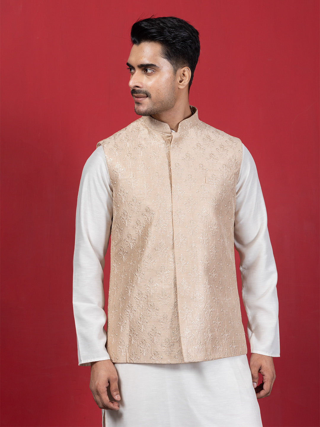 Beige Ethnic Motif Sequin Embroidered Nehru Jacket with Kurta & Pajamas