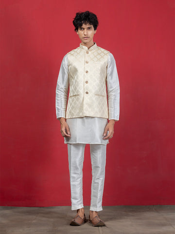 Cream Ethnic Motif Jacquard Nehru Jacket with Kurta & Pyjama