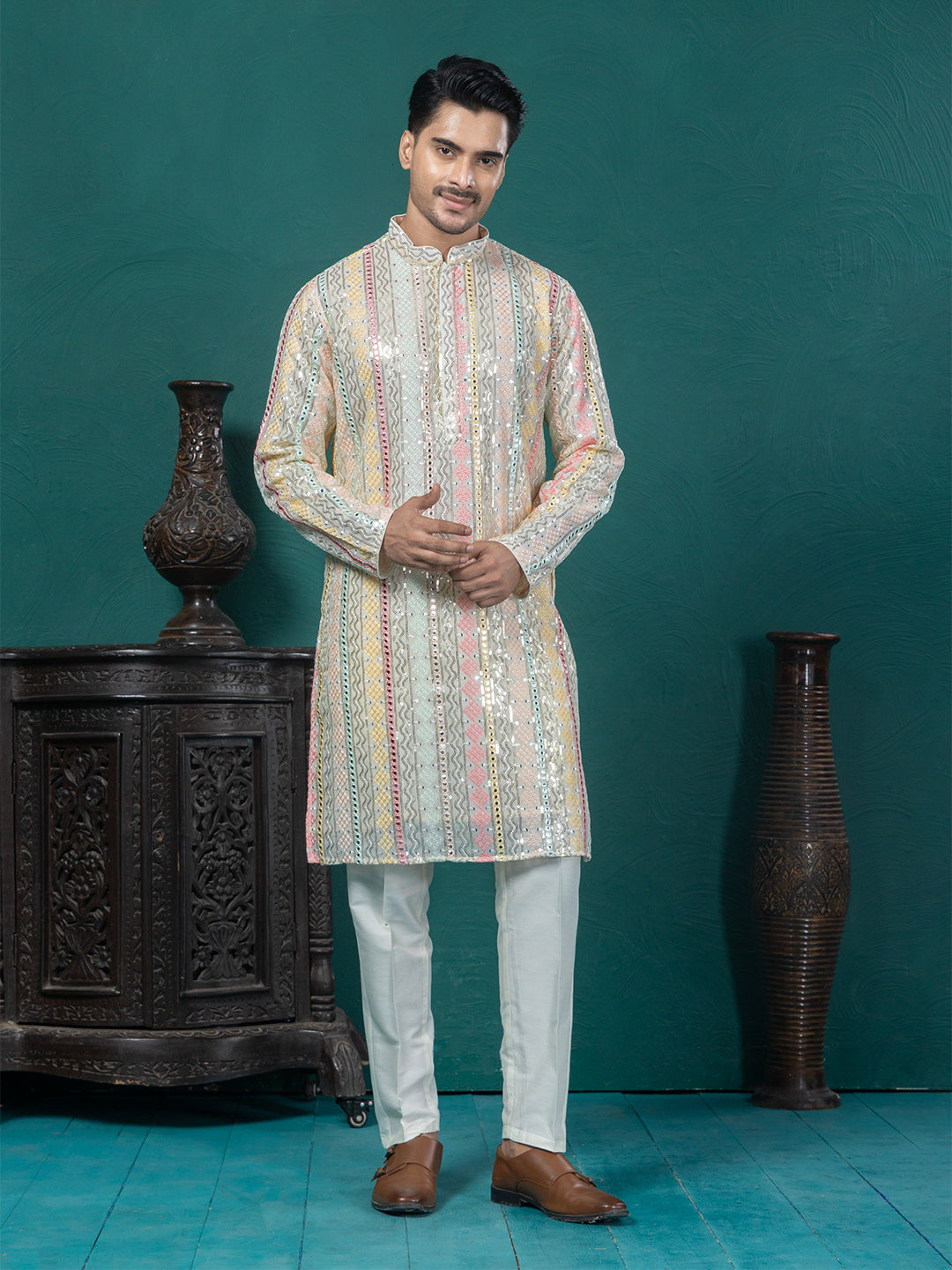 Cream Multicolor Georgette Mirrorwork Embroidered Kurta