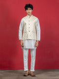 Cream Ethnic Motif Jacquard Nehru Jacket with Kurta & Pyjama