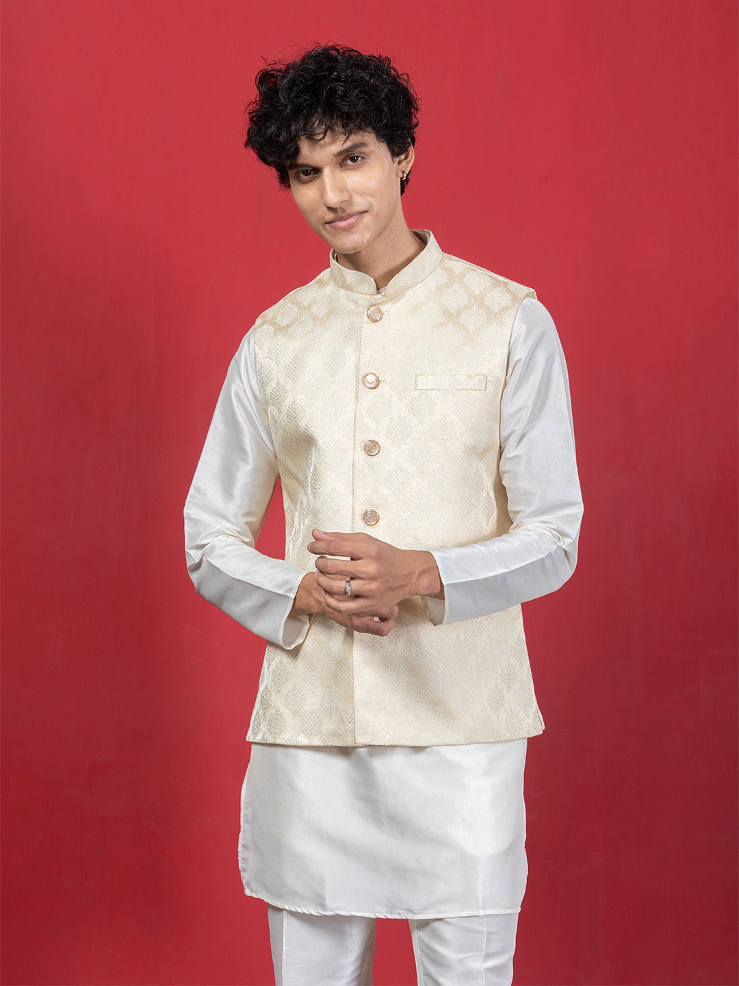 Cream Ethnic Motif Jacquard Nehru Jacket with Kurta & Pyjama