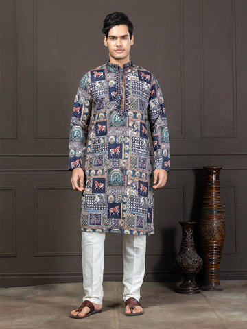 Blue Ethnic Motif Printed Kurta with Mirrorwork Detailing