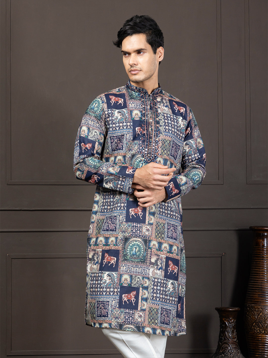 Blue Ethnic Motif Printed Kurta with Mirrorwork Detailing