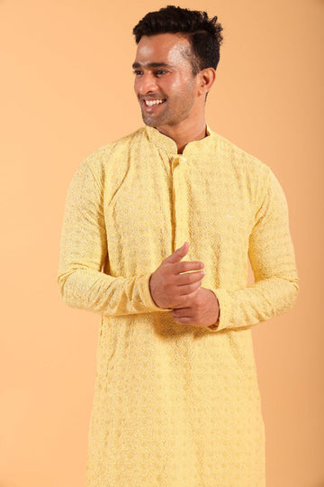 Light Yellow Chikankari Sequin Embroidery Kurta
