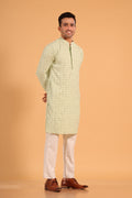 This Pista Green chikankari kurta from Ekyaa combines delicate craftsmanship with modern sophistication. Made from premium viscose rayon, the kurta offers a soft, skin-friendly feel with an elegant fall that flatters your silhouette. The intricate chikankari embroidery, enhanced with transparent sequin detailing, adds a refined touch, while the concealed buttons and tone-on-tone embroidery on the placket and sleeves give it a clean, seamless look.