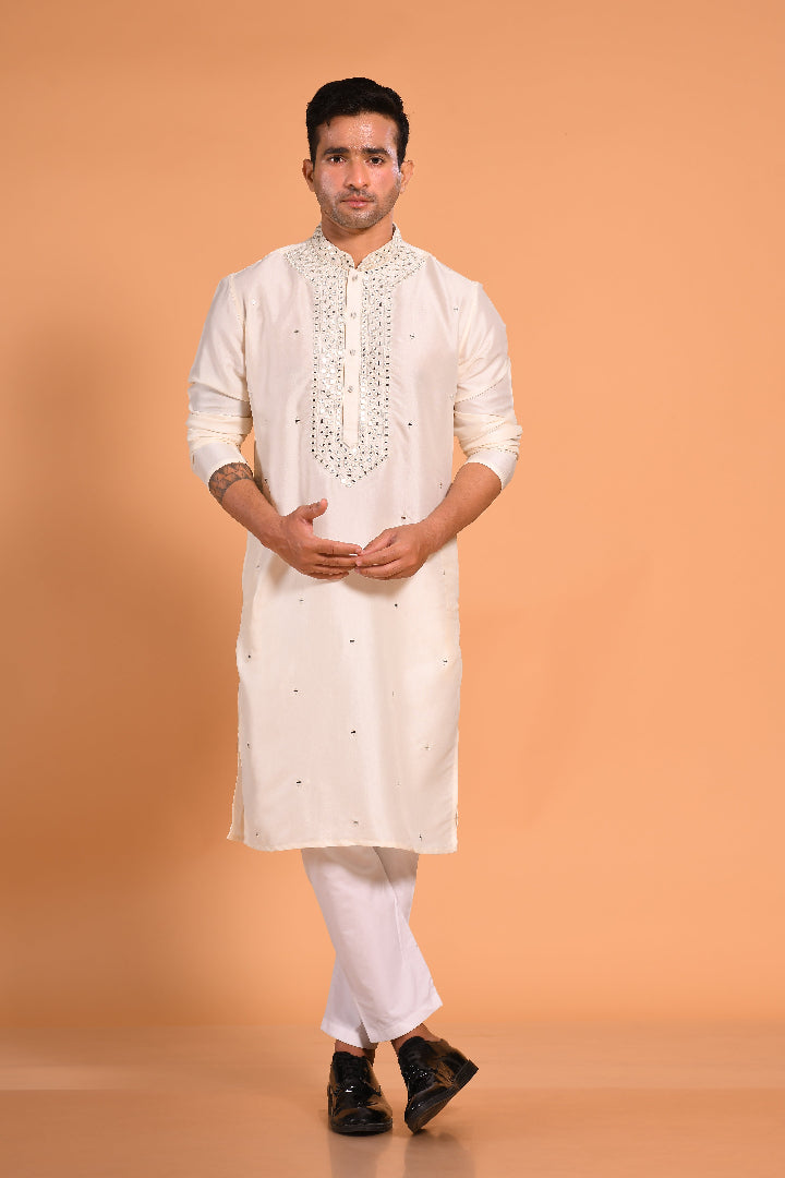 Off White Viscose Silk Real Mirror Work Kurta