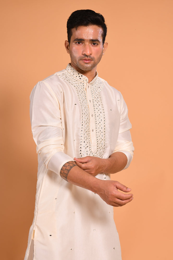 Off White Viscose Silk Real Mirror Work Kurta