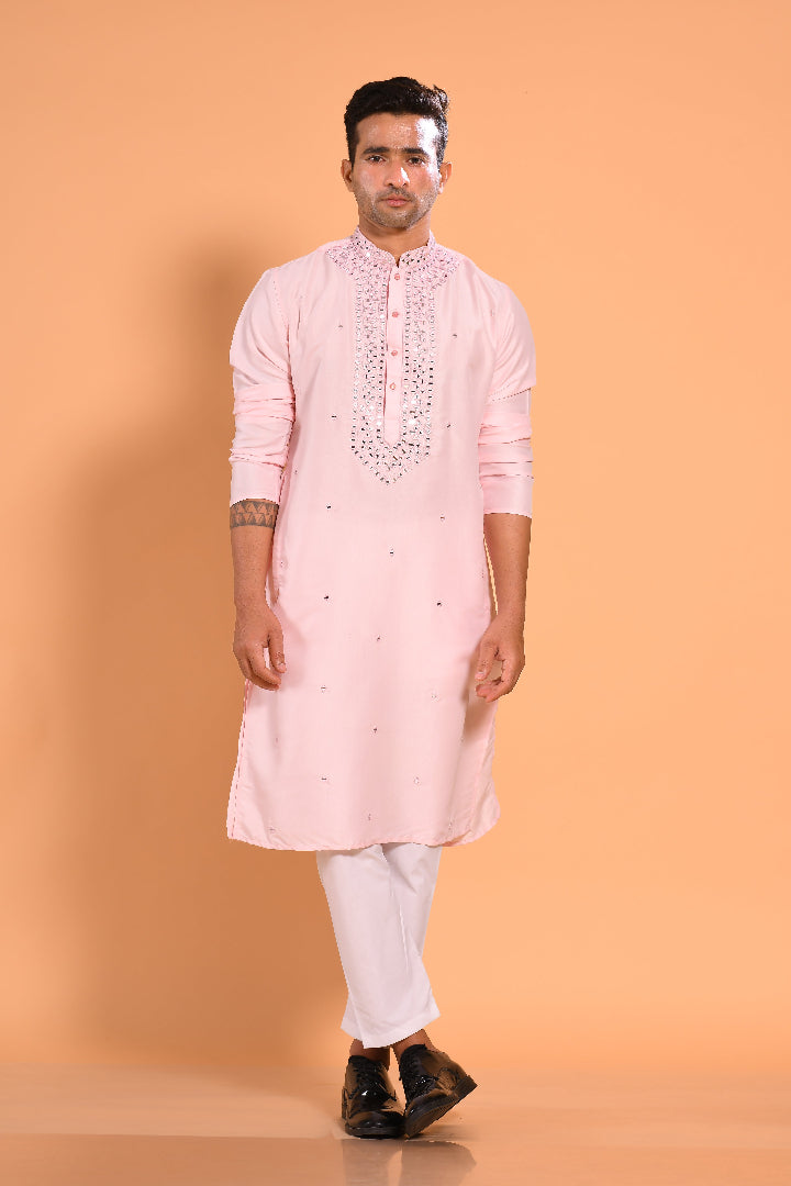 Light Pink Viscose Silk Real Mirror Work Kurta