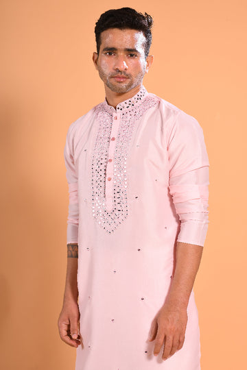 Light Pink Viscose Silk Real Mirror Work Kurta