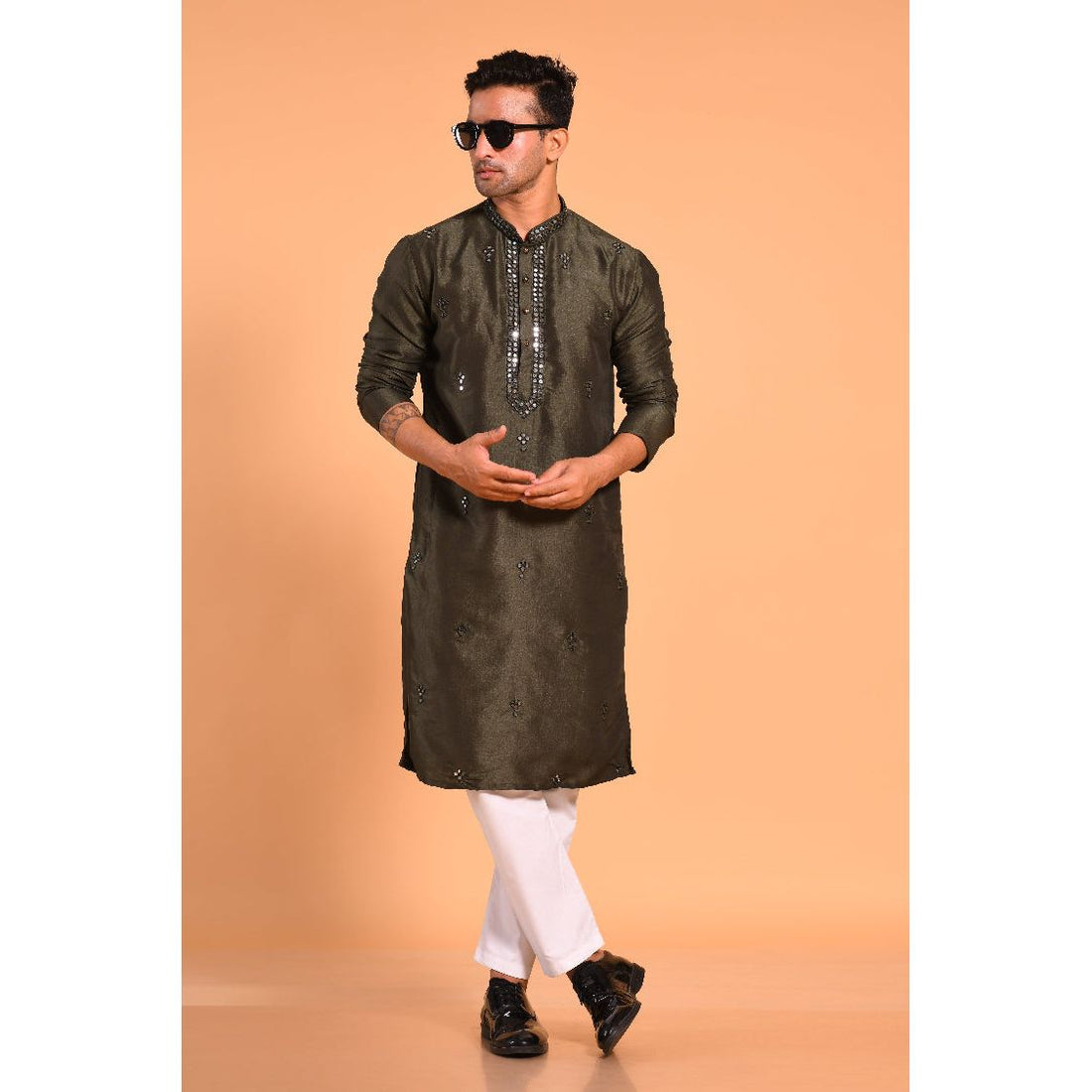 Mehendi Green Viscose Silk Real Mirror Work Kurta