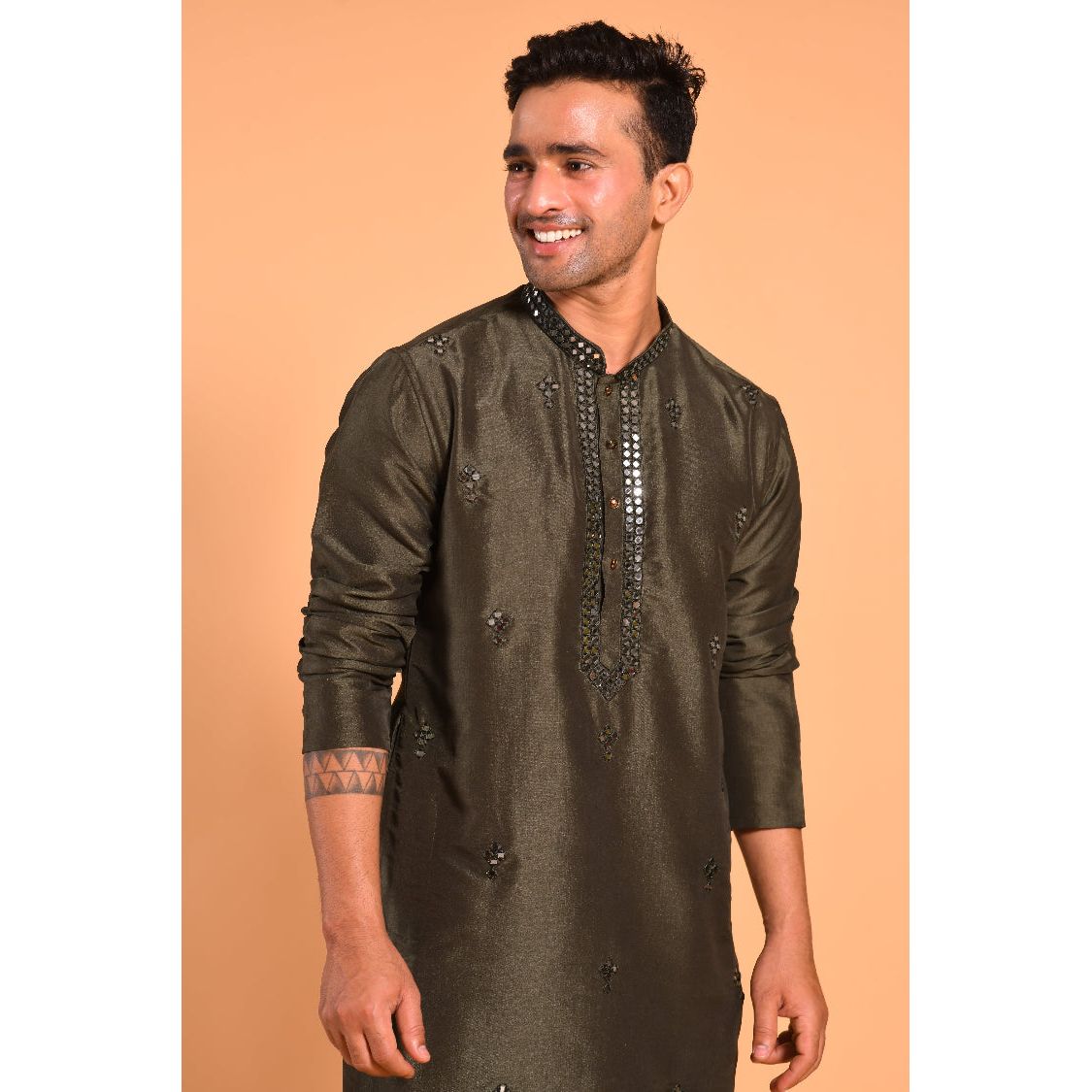 Mehendi Green Viscose Silk Real Mirror Work Kurta