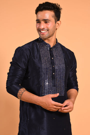 Navy Blue Viscose Silk Real Mirror Work Kurta