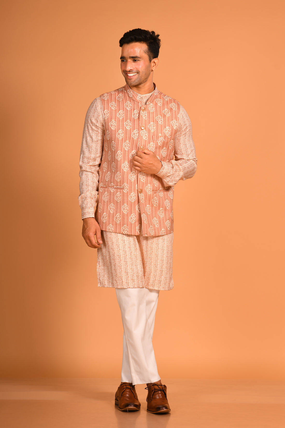 Rust Brown Printed Cotton Kurta Jacket set