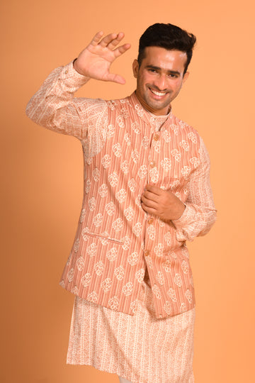 Rust Brown Printed Cotton Kurta Jacket set
