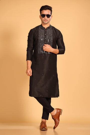 Black Viscose Silk Real Mirror Work Kurta