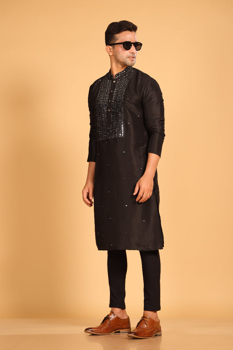 Black Viscose Silk Real Mirror Work Kurta