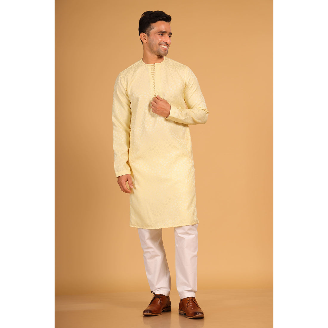 Light Yellow Round Neck Jacquard Kurta