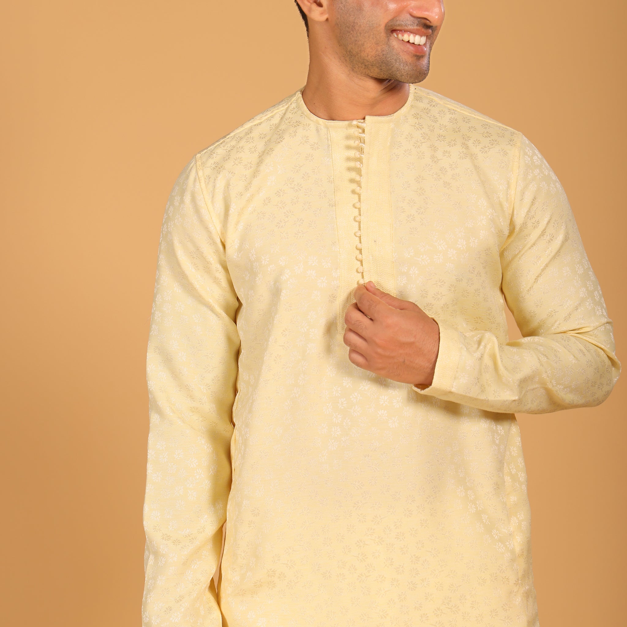 Light Yellow Round Neck Jacquard Kurta