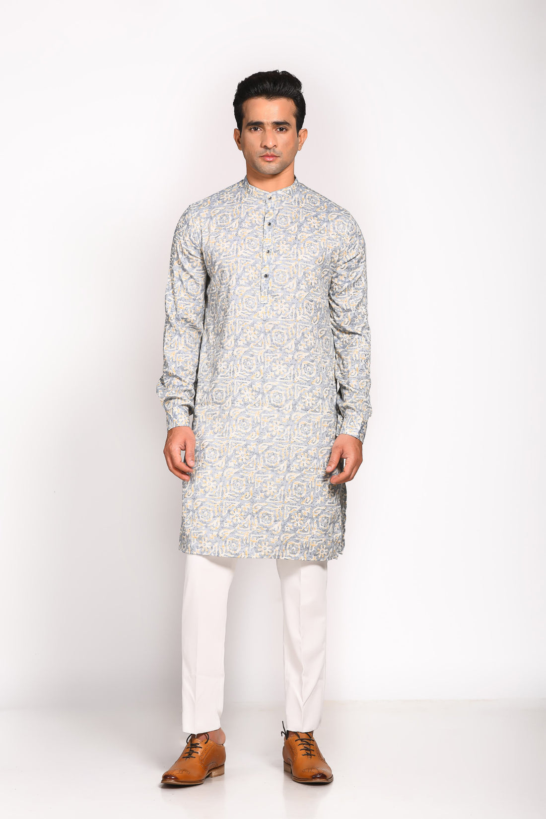 Introducing our Ash Blue Mull Cotton Digital Print Kurta, specially designed for maximum comfort and ease. Crafted from breathable mull cotton, this kurta is highly recommended for the warmer months, ensuring you stay cool and stylish, whether it’s a festive occasion or a casual day out. The slim fit cut and elegant digital print bring together tradition and modernity, making this a versatile piece for any occasion.&nbsp;