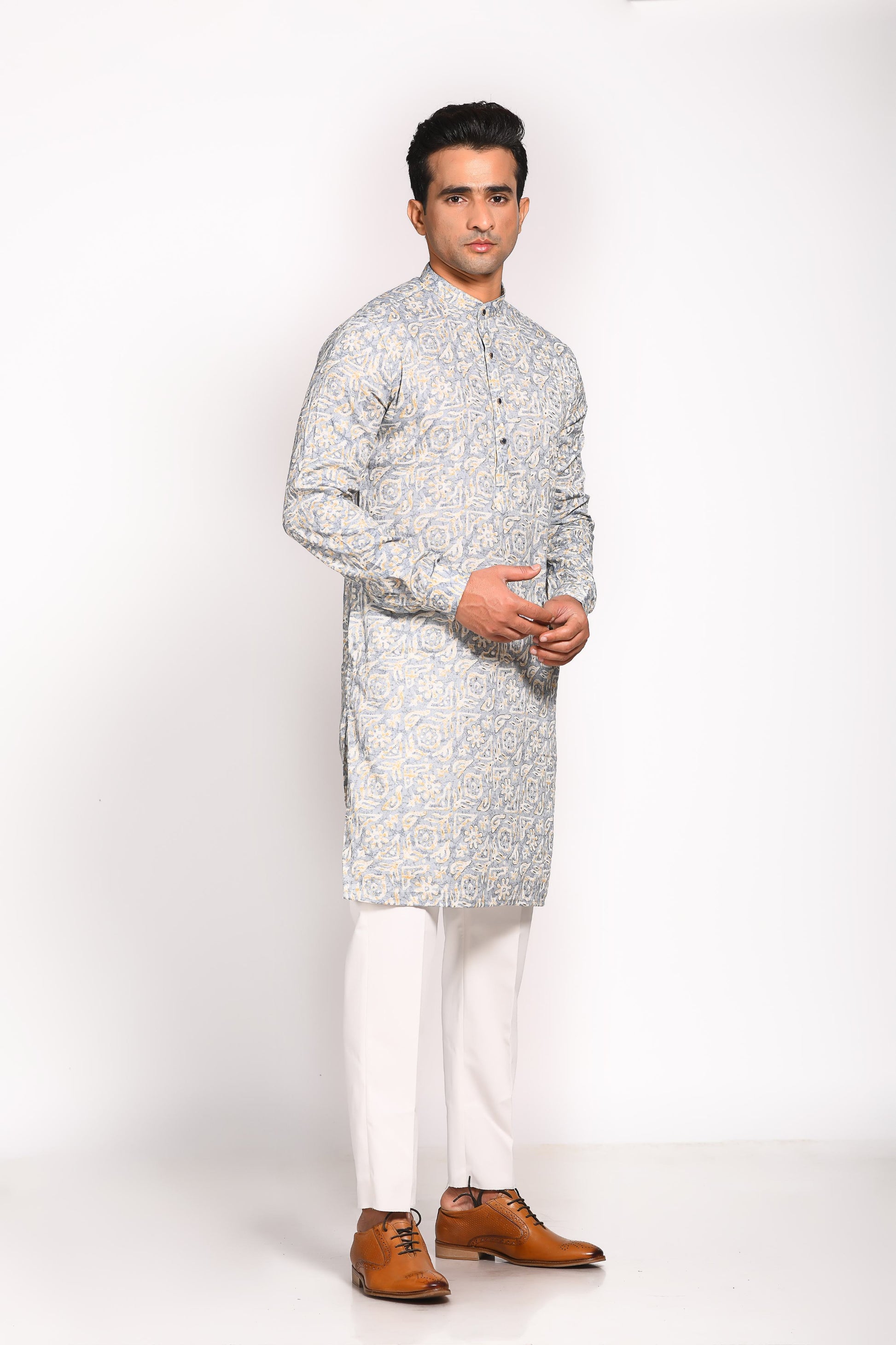 Introducing our Ash Blue Mull Cotton Digital Print Kurta, specially designed for maximum comfort and ease. Crafted from breathable mull cotton, this kurta is highly recommended for the warmer months, ensuring you stay cool and stylish, whether it’s a festive occasion or a casual day out. The slim fit cut and elegant digital print bring together tradition and modernity, making this a versatile piece for any occasion.&nbsp;