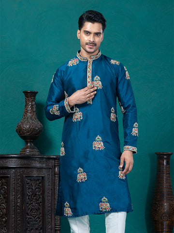 Teal Blue Embellished Ethnic Motif Kurta