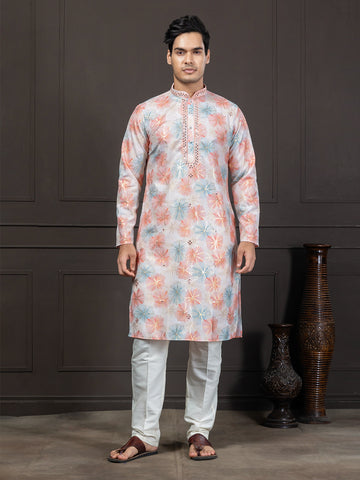 Floral Printed Kurta With Mirrorwork Detailing