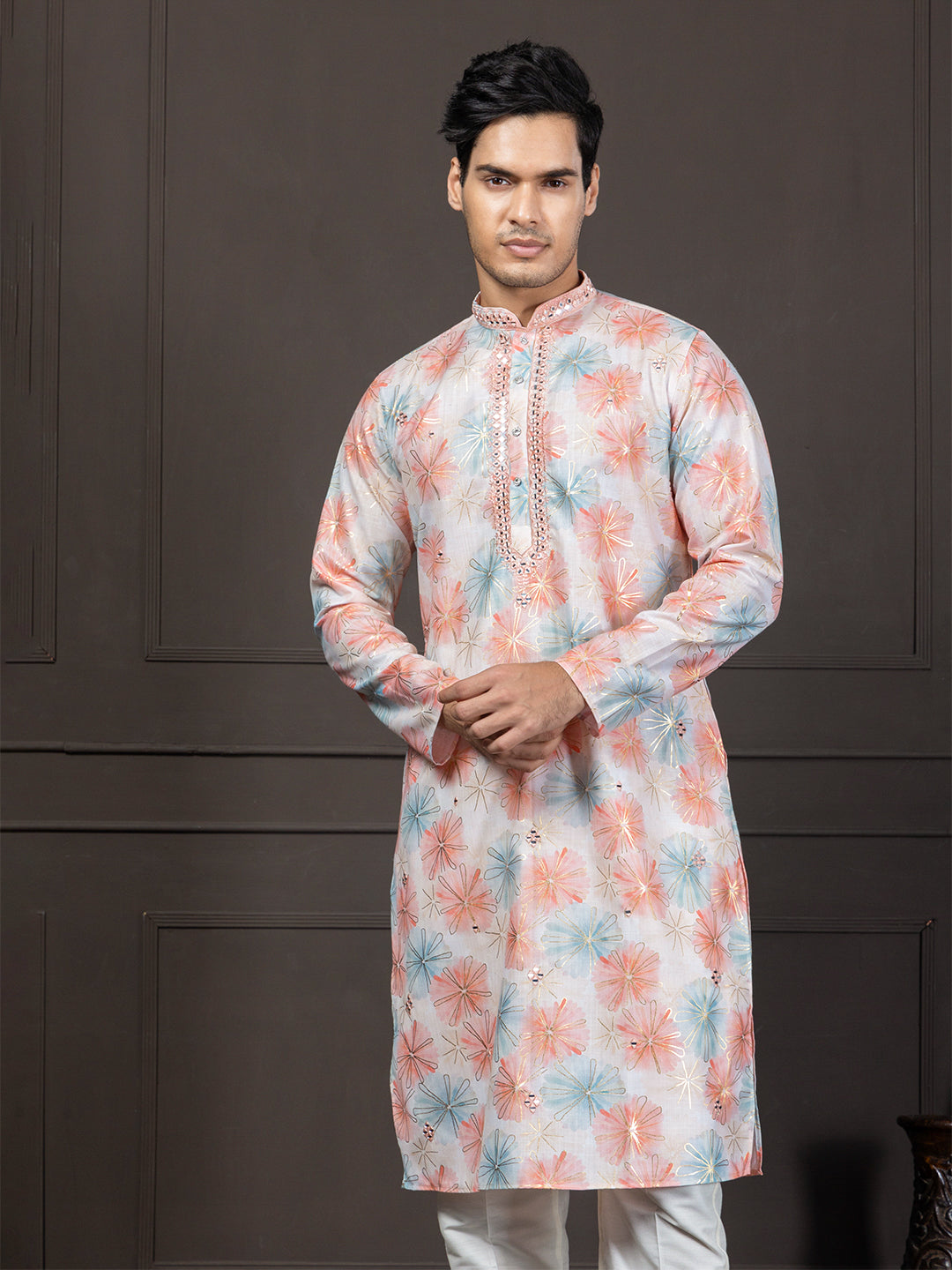 Floral Printed Kurta With Mirrorwork Detailing