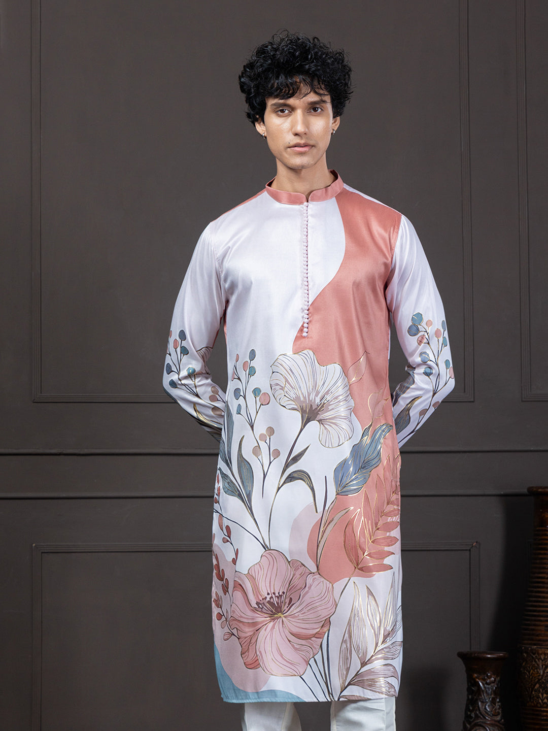 Rust Woven Floral Design Printed Kurta