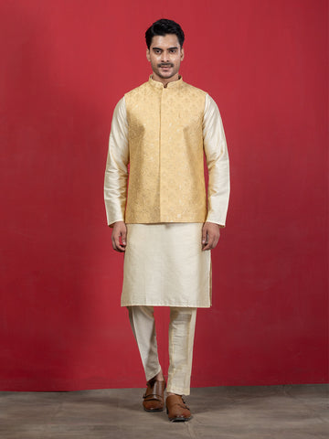 Gold Ethnic Motif Sequin Embroidered Nehru Jacket with Kurta & Pajamas