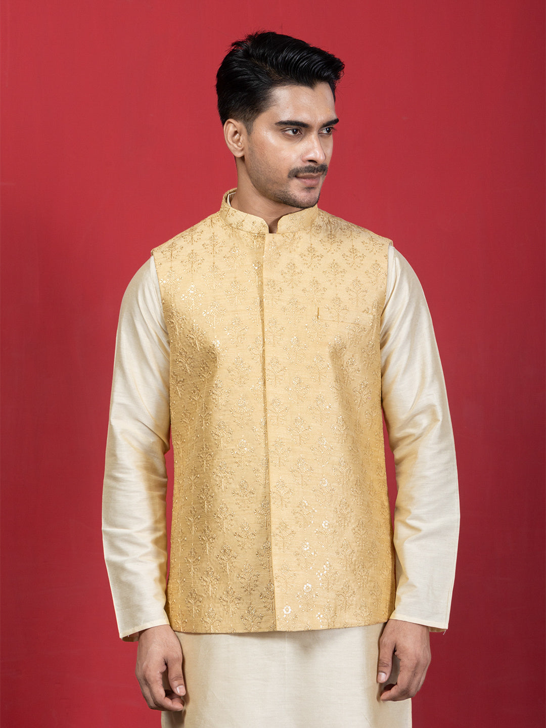 Gold Ethnic Motif Sequin Embroidered Nehru Jacket with Kurta & Pajamas