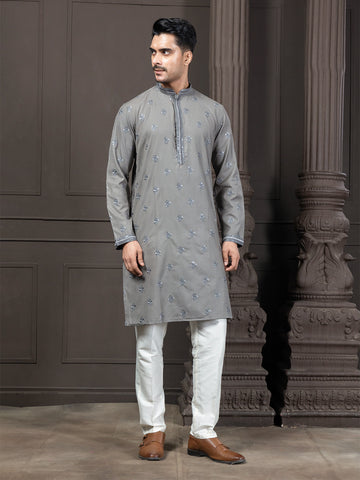 Grey Cotton Buti Embroidered Kurta