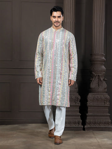 Grey Multicolor Georgette Mirrorwork Embroidered Kurta