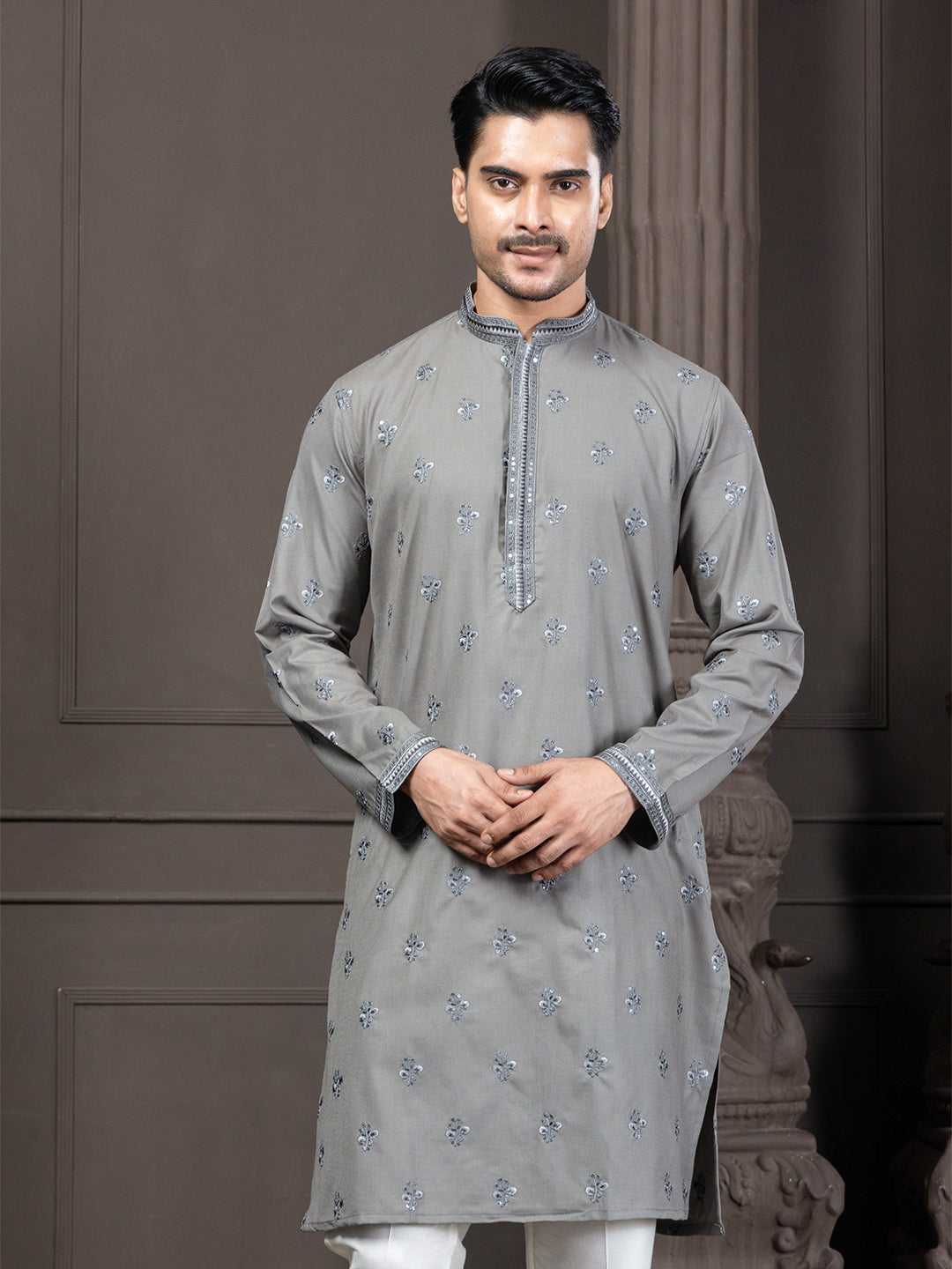 Grey Cotton Buti Embroidered Kurta