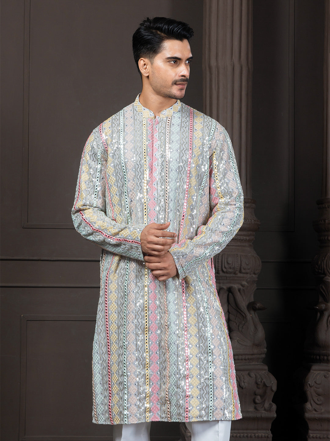 Grey Multicolor Georgette Mirrorwork Embroidered Kurta