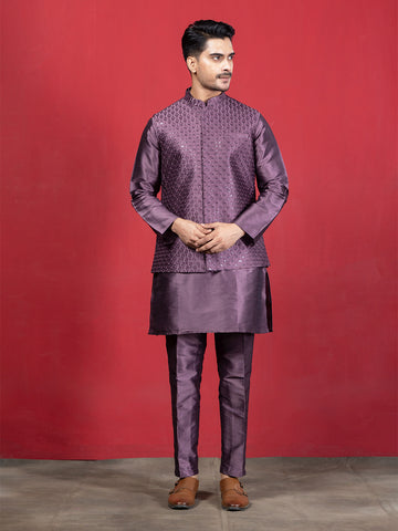 Mauve Sequin Embroidered Nehru Jacket with Tone-on-Tone Kurta & Pyjama Set